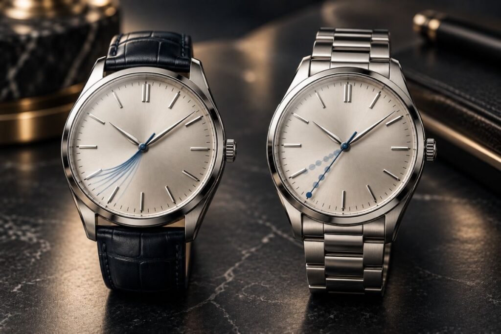- Editorial comparison of automatic and quartz watch seconds-hand movement