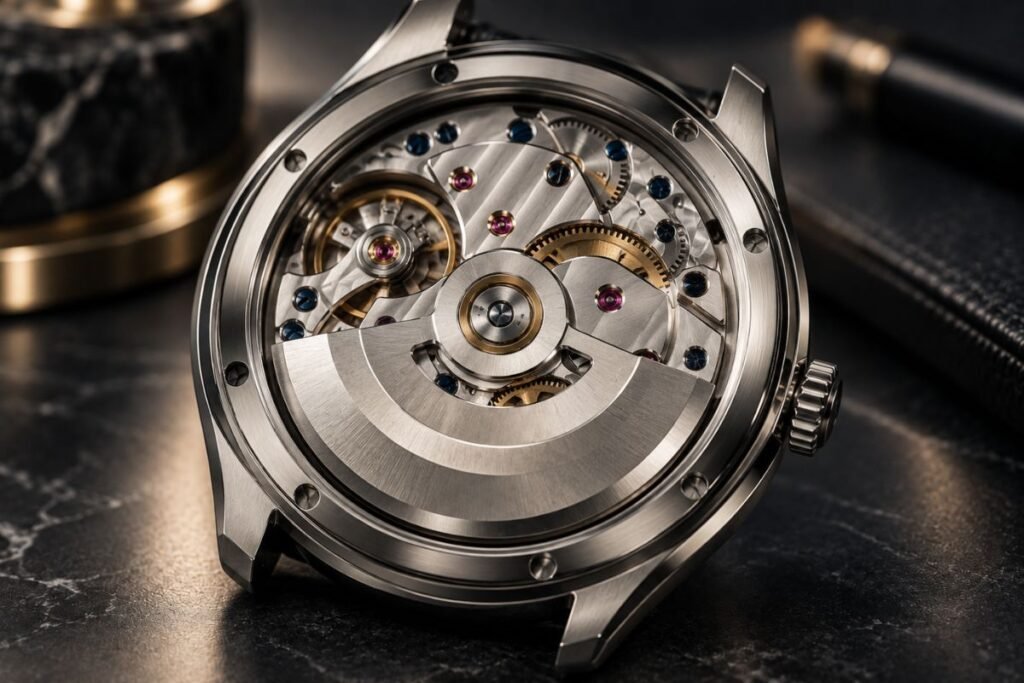 - Close-up of an automatic watch movement showing the rotor and mechanical components