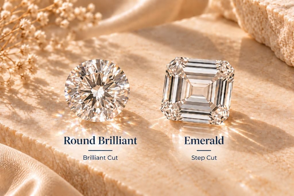 Round brilliant and emerald cut diamonds showing the difference between brilliant and step faceting