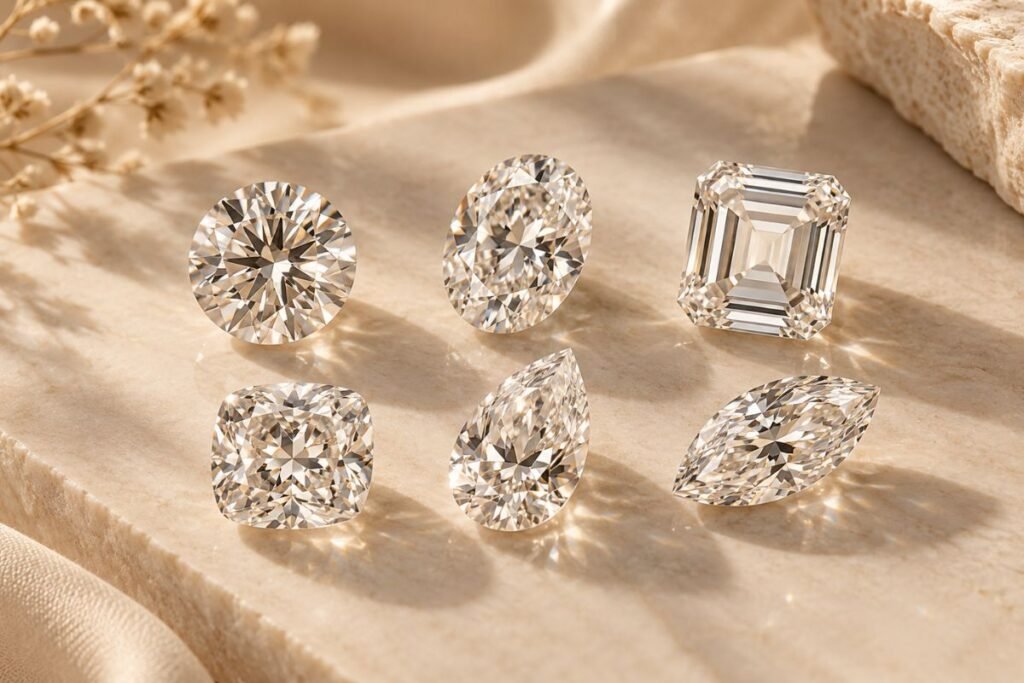 Selection of round, oval, emerald, cushion, pear and marquise diamonds