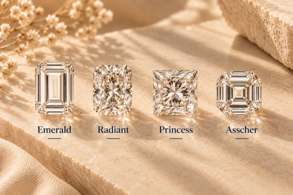 Emerald, radiant, princess and Asscher cut diamonds arranged side by side