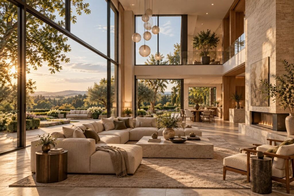 Luxury Home Architecture and Natural Light Double-height luxury living space with large glazing, natural light and views over a landscaped garden