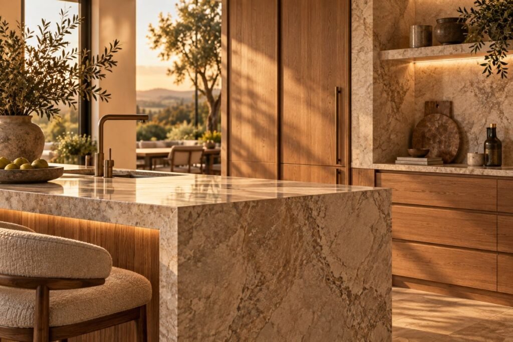 Luxury Home Materials and Craftsmanship Luxury kitchen detail with natural stone, bespoke timber joinery and refined architectural finishes