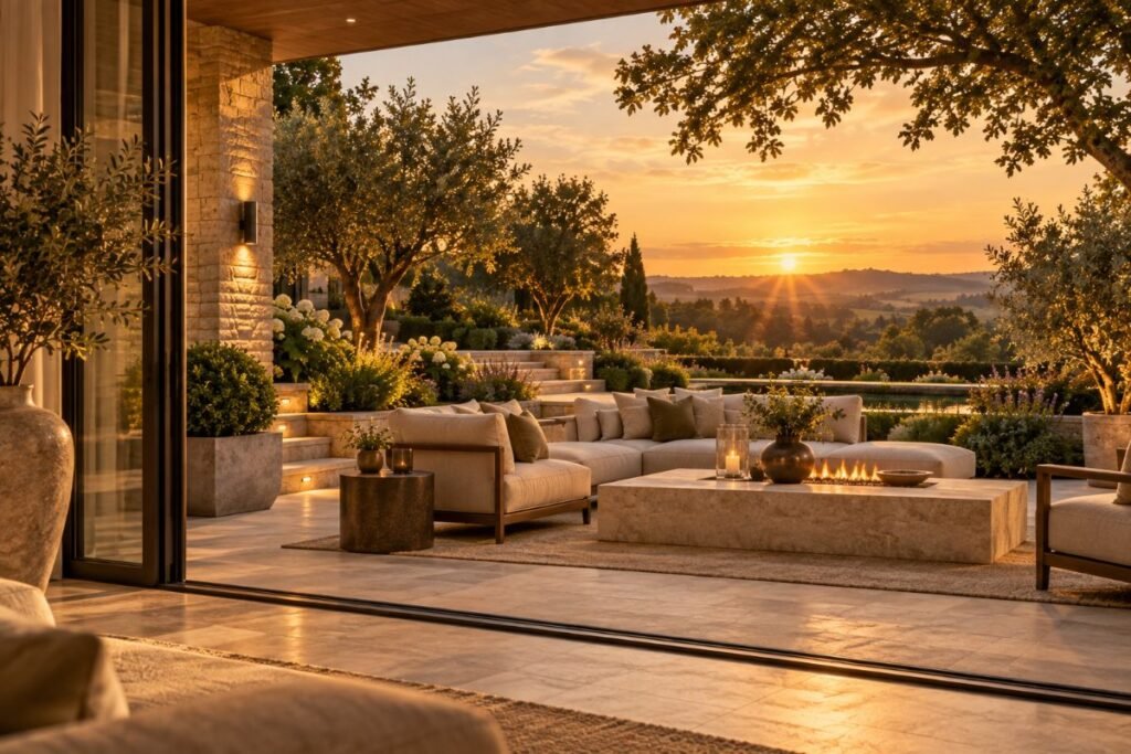 Luxury Home Privacy and Outdoor Living Secluded luxury garden terrace with mature planting, outdoor seating and warm evening lighting