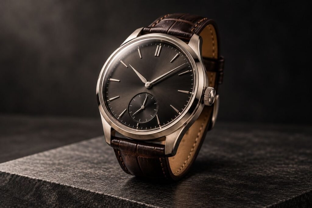 Unbranded luxury mechanical watch with dark dial and leather strap
