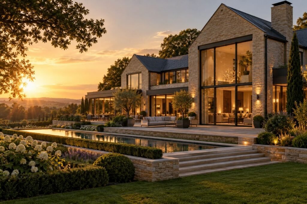 Contemporary British luxury home with natural stone, large windows and landscaped gardens at golden hour
