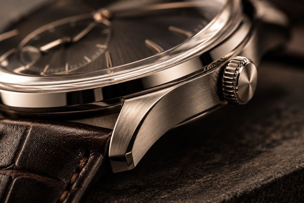 Close-up of polished and brushed luxury watch case and crown