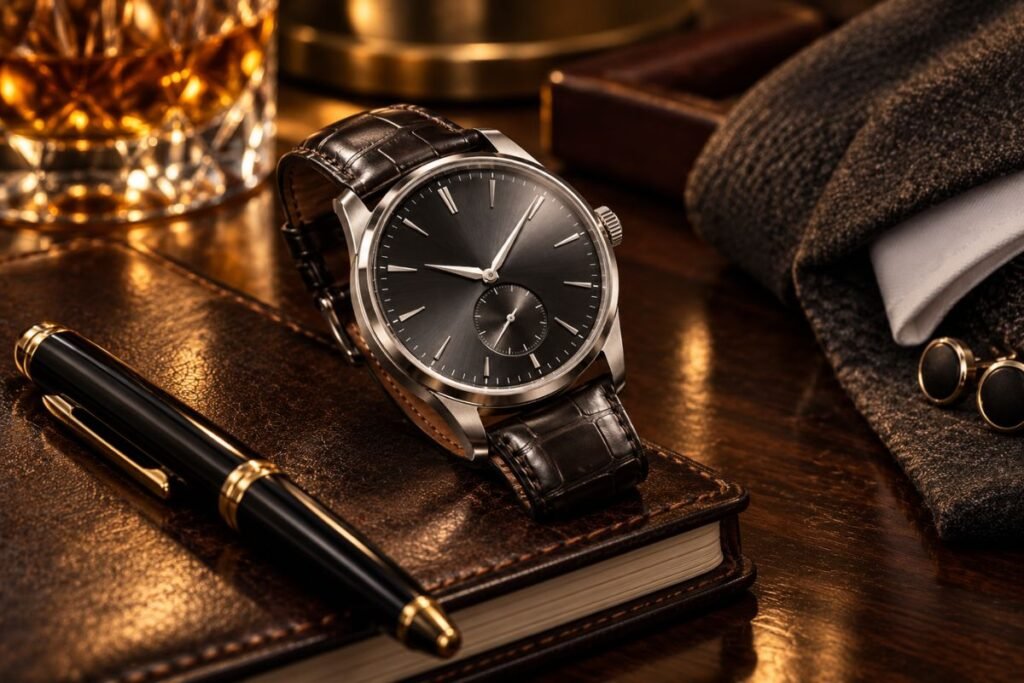 Luxury mechanical watch beside leather notebook and tailored fabric