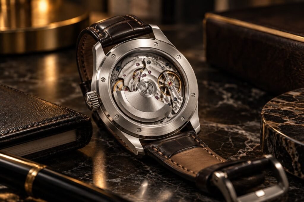 Close-up illustration of a mechanical watch movement