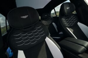 Bentley Torcal interior showing black and white leather seats with diamond-pattern detailing and embroidered Bentley emblems.