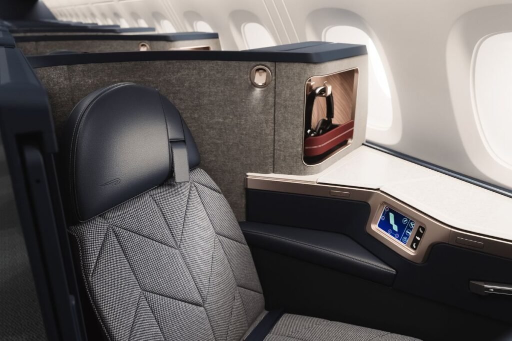 Close-up of the redesigned British Airways Club Suite with new storage and finishes