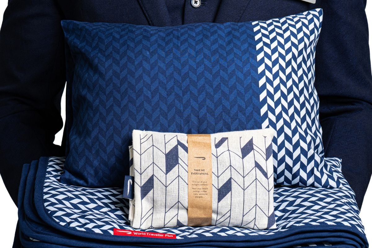 British Airways First navy sleepwear featuring the airline's bespoke tartan