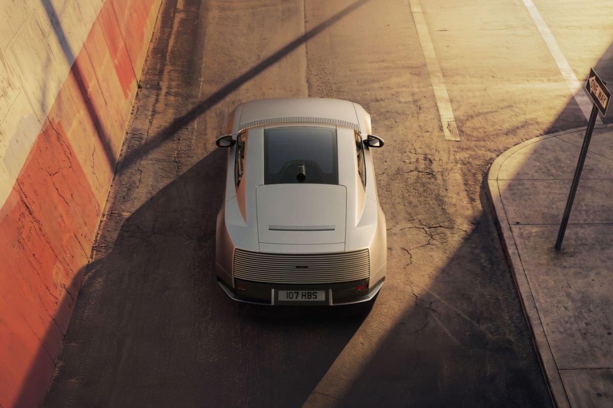 Rear view of the Jaguar Type 01 showing its full-width lighting and sculpted rear design