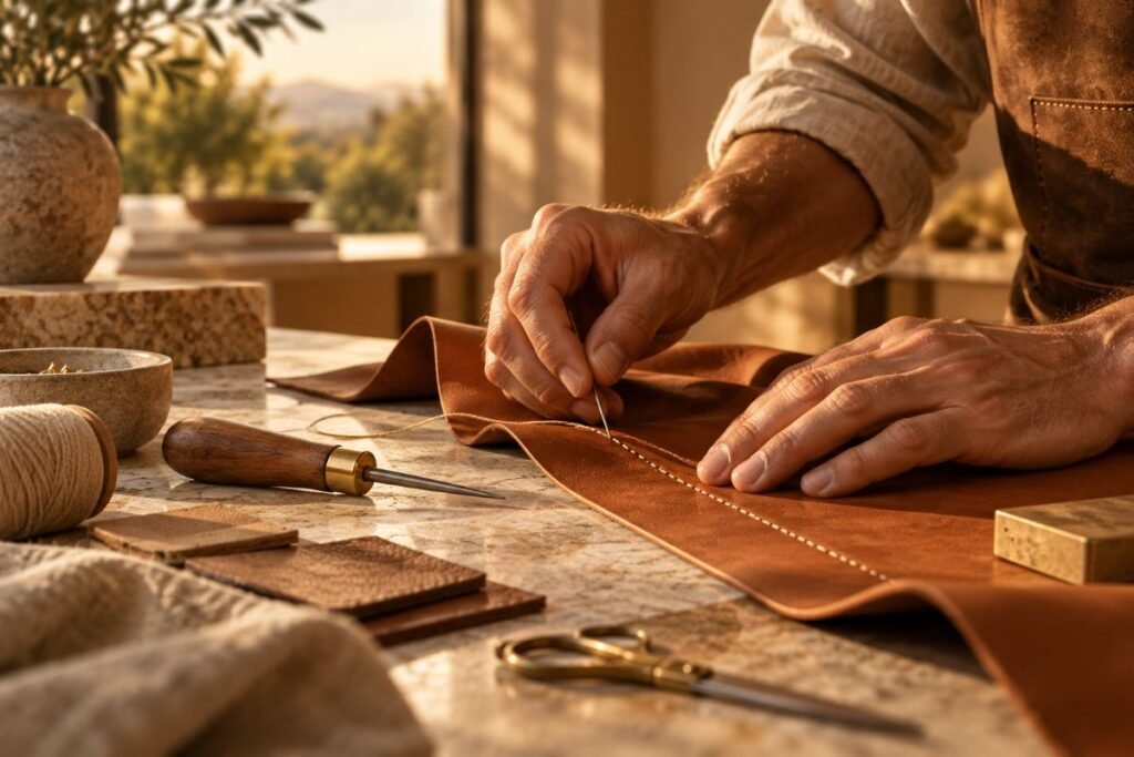 Luxury Craftsmanship and Artisan Detail Artisan hand stitching fine leather at a workbench, illustrating traditional craftsmanship and attention to detail