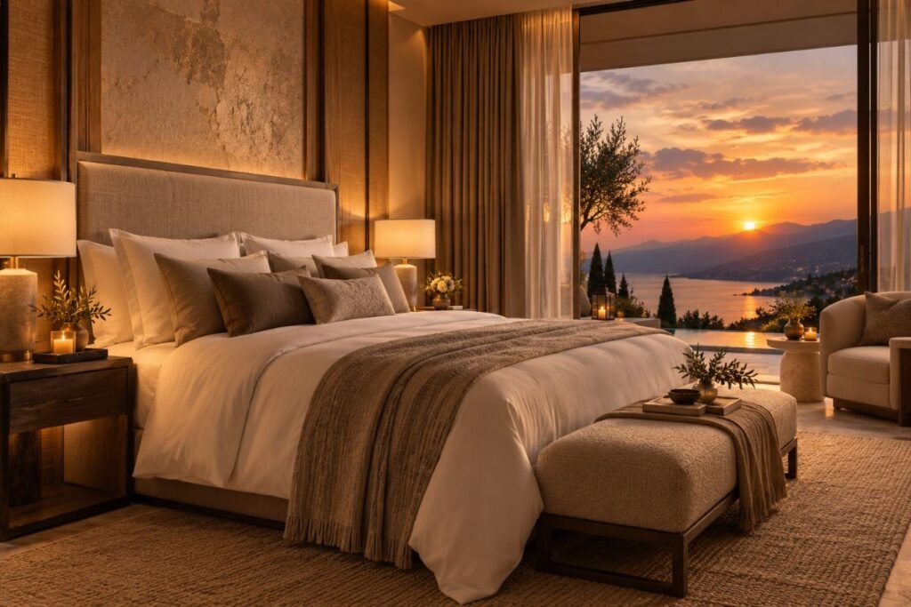 Luxury hotel bedroom with crisp bedding, warm lighting and a coastal sunset view