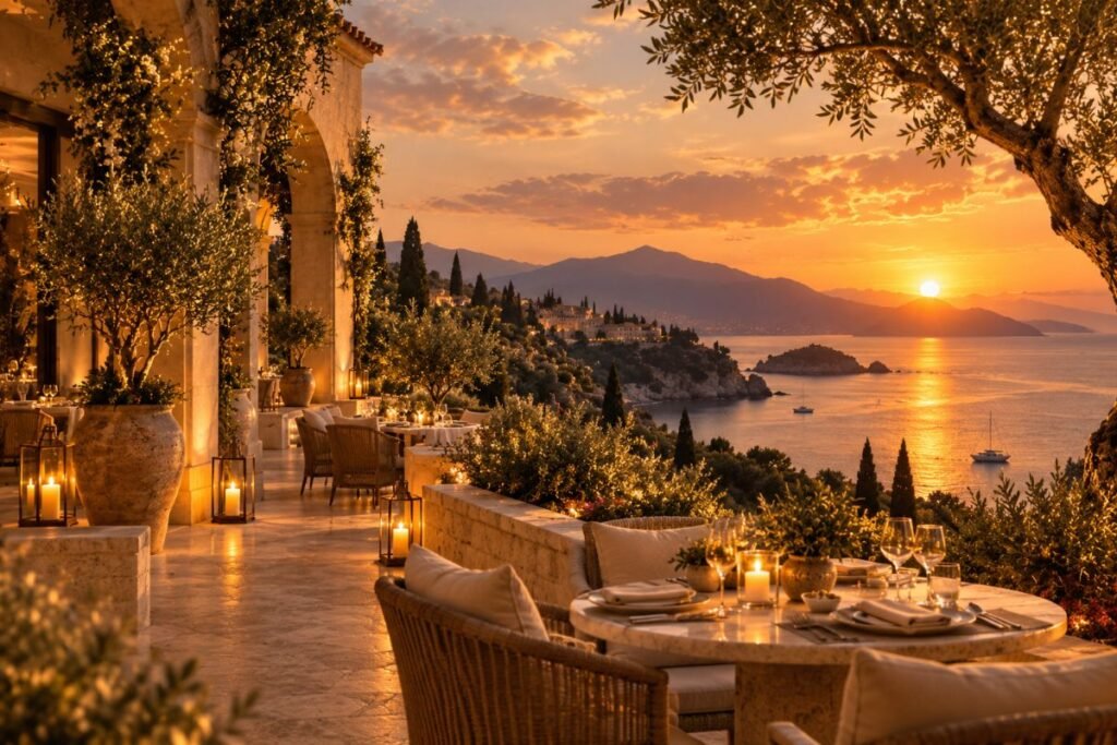 Luxury hotel dining terrace overlooking a Mediterranean coastline at sunset