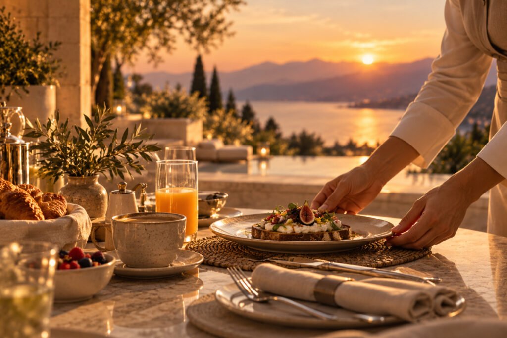 Hotel staff member placing breakfast on a table overlooking the coast at sunrise