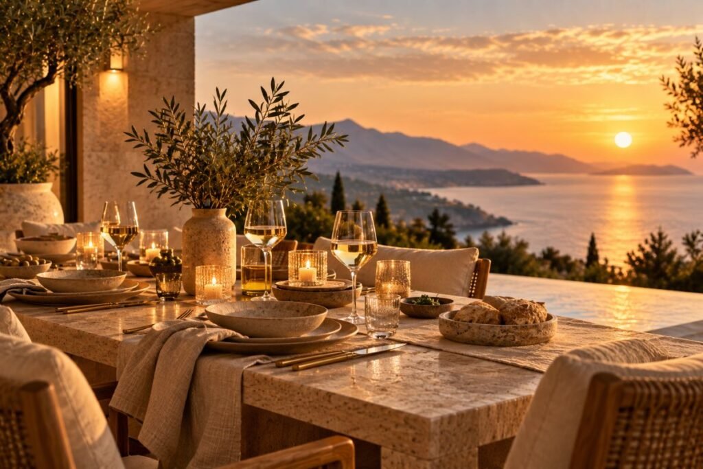Luxury Travel and Dining Experience Intimate outdoor dining table overlooking the coast at sunset with candles and understated table settings