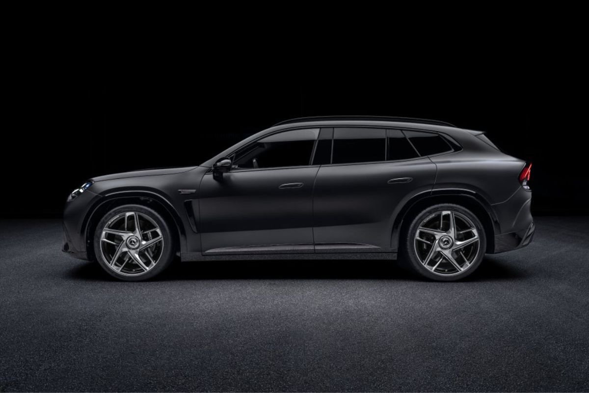 Side profile of the black Mercedes-AMG GT SUV showing its sculpted bodywork, roofline and alloy wheels.