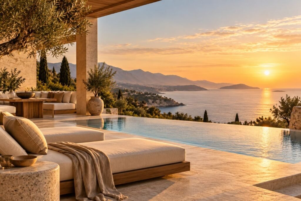 Time and Privacy in Modern Luxury Private infinity pool and secluded terrace overlooking a coastal landscape at sunset