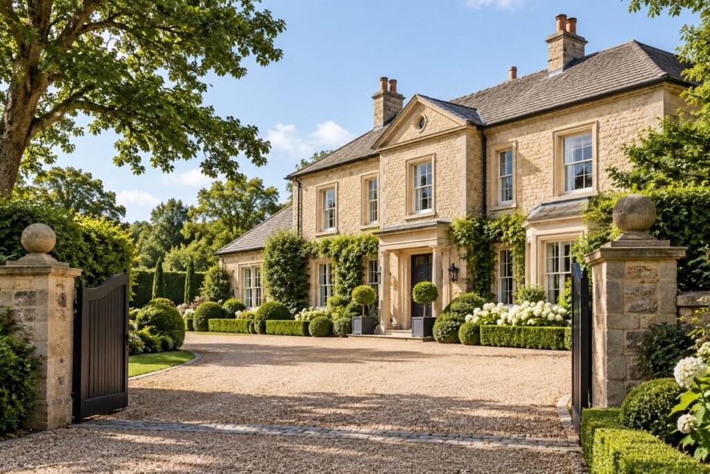 Prime British country residence with stone architecture, mature landscaping and a private approach