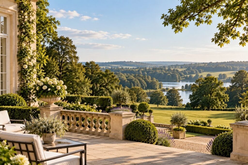 Private country estate terrace overlooking uninterrupted parkland and water