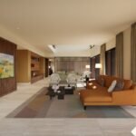 Spacious open-plan living area featuring contemporary furniture, natural wood detailing and doors opening onto a terrace.