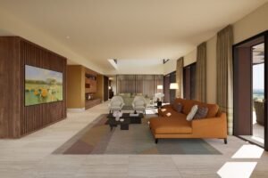 Spacious open-plan living area featuring contemporary furniture, natural wood detailing and doors opening onto a terrace.