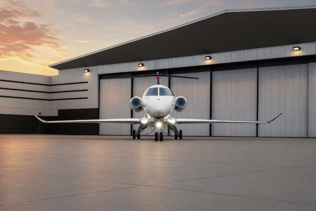 SyberJet SJ36 – Front Exterior View Front view of the SyberJet SJ36 private jet positioned outside an aircraft hangar at sunset.